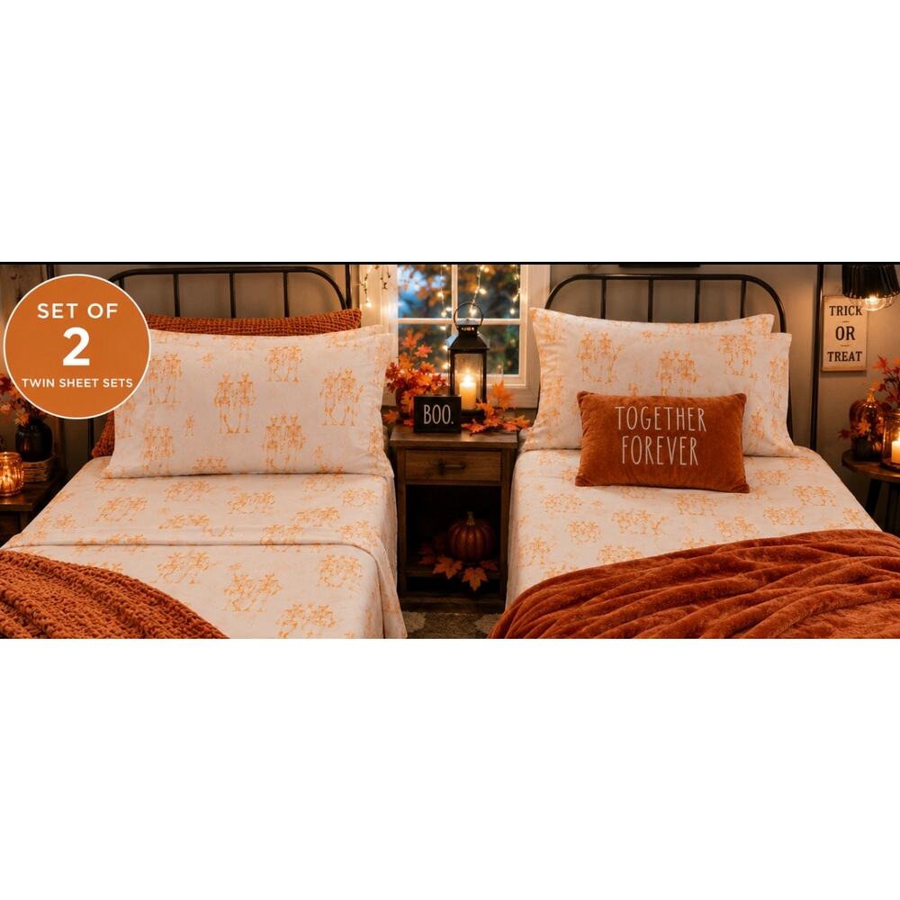 Rae Dunn Together Forever Halloween Skeleton Twin Sheet Sets Lot of 2 NWT - Picture 2 of 15